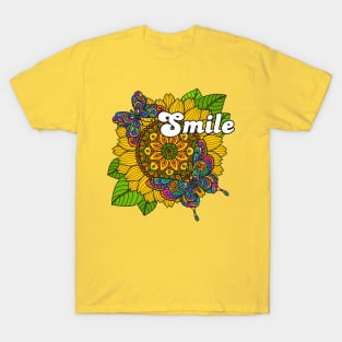 Smile Hippy Sunflower and Butterfly Design T-Shirt